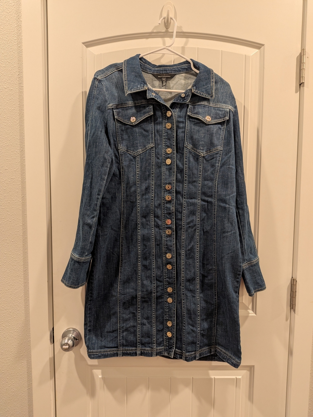 White House Black Market Dark Blue Denim Button-Front Mini Dress - Picture 2 of 9